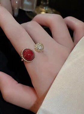 法式S925镀银拼色优雅戒指女复古时尚圆球开口指环气质ins食指戒