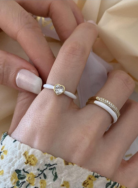 简约爱心戒指女S925镀银时尚气质甜酷风滴釉双层开口指环食指戒潮