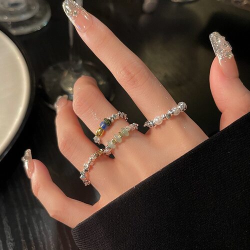 网红碎银戒指女时尚个性串珠弹力S925银指环气质百搭优雅食指戒潮