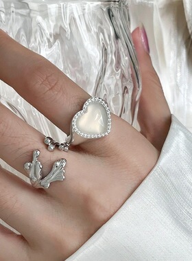 甜美爱心月光石戒指女叠戴个性环抱芭蕉叶设计S925镀银开口食指环