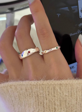 甜美彩色锆石戒指女几何圆圈叠戴个性简约开口指环ins小众食指戒