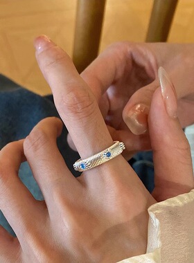 海蓝色星星拉丝戒指女ins风小众设计感开口指环甜酷时尚食指戒潮
