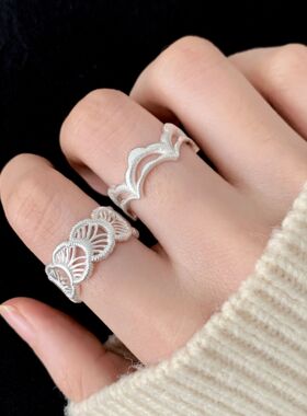 精致镂空花瓣戒指女几何扇形个性百搭叠戴开口指环双层ins食指戒