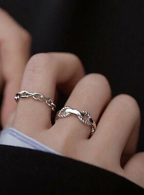 欧美网红个性链条戒指女复古s925镀银开口指环简约冷淡风食指戒潮