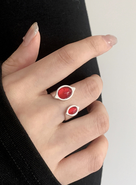 红色锆石戒指女小众设计百搭精致优雅个性镀银高级感食指戒指环潮