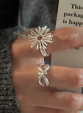 甜酷烟花戒指女几何线条镂空S925镀银开口指环叠戴百搭个性食指戒