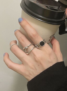 韩版S925镀银几何戒指女复古个性创意嘻哈街头开口指环小众食指戒