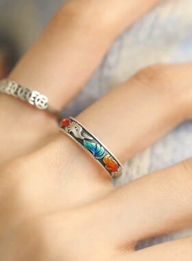 新中式精致九尾狐戒指女小众设计感彩色珐琅开口指环个性食指戒潮