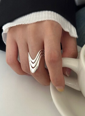 镂空多层V形线条戒指女几何简约时尚百搭个性开口指环网红食指戒