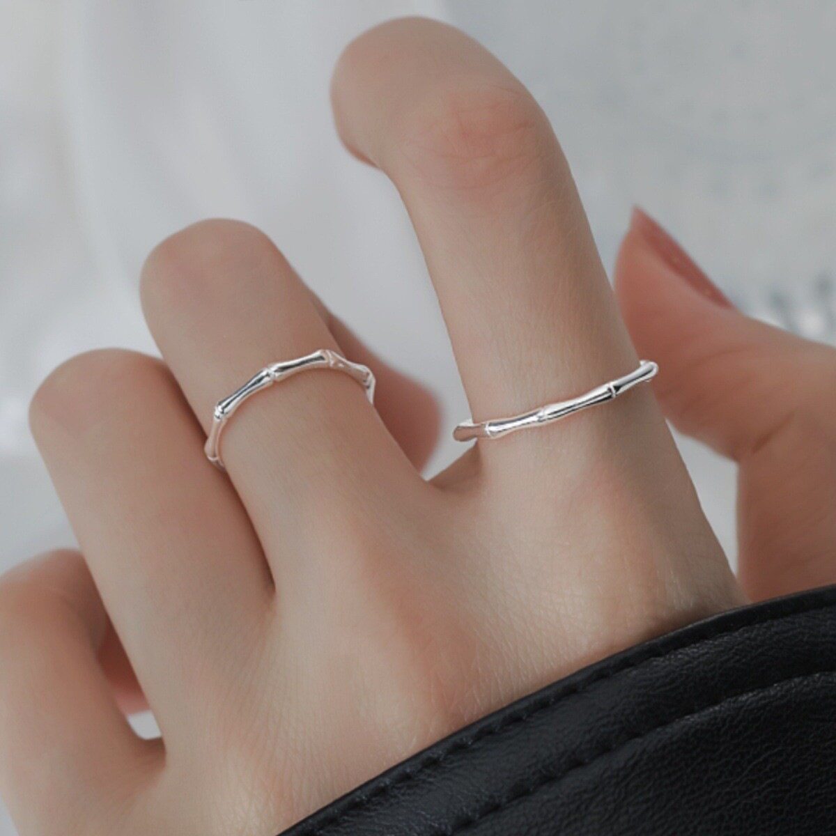 甜美简约竹节戒指女时尚百搭个性气质素圈S925银开口指环食指戒潮图片