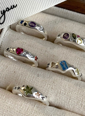 小众彩色爱心锆石戒指女甜酷叠戴个性S925银开口指环气质食指戒潮