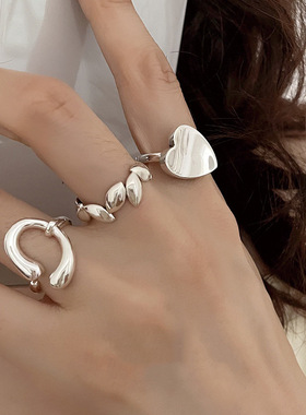 韩版S925镀银不规则树叶戒指女复古时尚简约翘边爱心几何开口指环