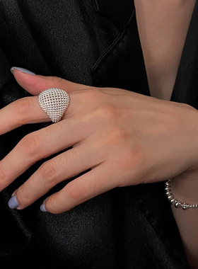 镂空圆球戒指女几何创意甜酷S925镀银开口指环ins百搭个性食指戒