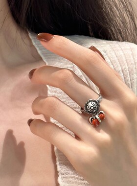 醒狮红色小圆珠吊坠戒指女复古时尚民族风新中式开口指环食指戒潮