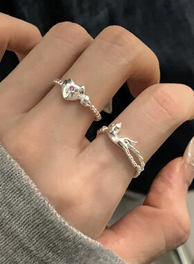 童趣可爱猫咪戒指女甜美气质百搭爱心开口指环ins风小众食指戒潮