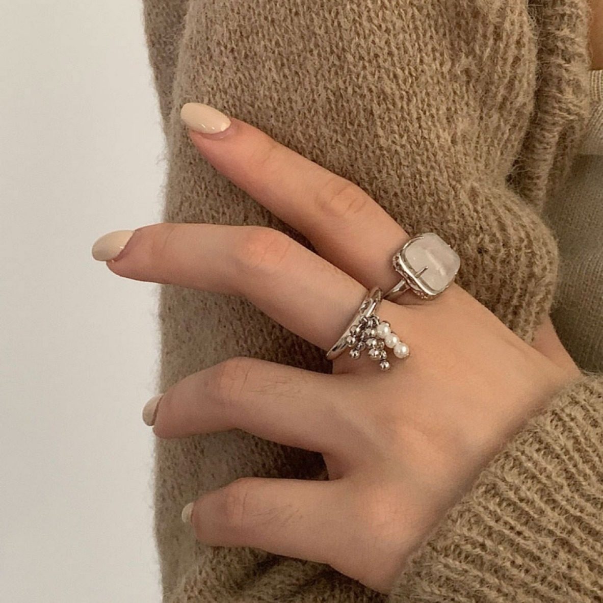 甜美叠戴仿珍珠流苏吊坠戒指女几何方块开口指环个性食指戒潮