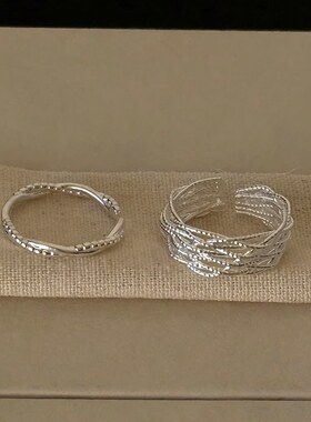 几何线条交叉麻花戒指女多层精致百搭S925镀银开口指环创意食指戒