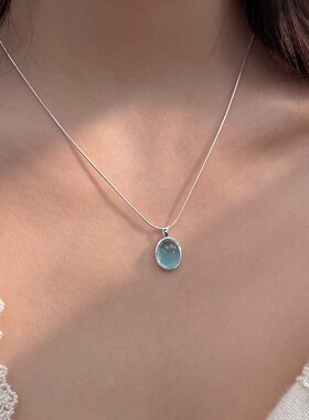 蓝色椭圆吊坠项链女简约百搭气质优雅锁骨链ins风小众网红颈链潮