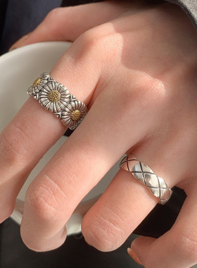 个性雏菊戒指女复古时尚重工S925镀银几何网格开口指环嘻哈食指戒