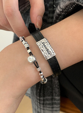 黑色皮带圈手镯女甜酷叠戴字母方块双层S925银手环手链ins手饰潮