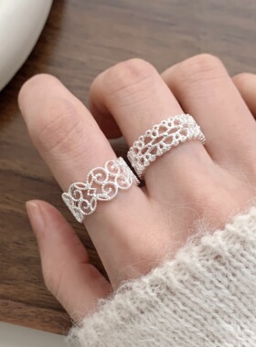 轻奢镀银镂空花纹开口食指戒指