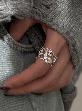 不规则织网戒指女几何简约线条镂空S925镀银开口指环个性食指戒潮