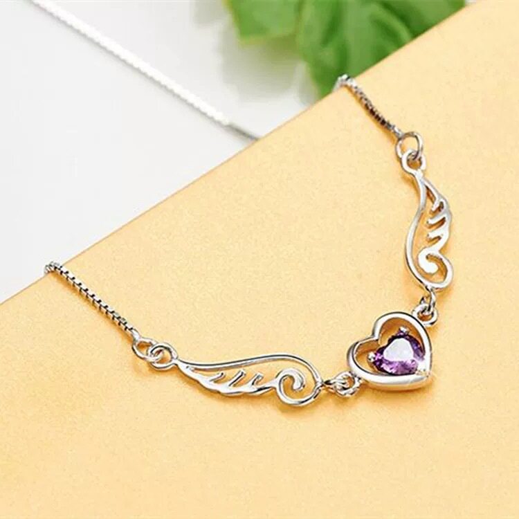 韩版S925镀银天使之翼吊坠项链女复古气质甜美翅膀爱心锁骨链饰品