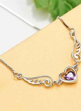 韩版S925镀银天使之翼吊坠项链女复古气质甜美翅膀爱心锁骨链饰品