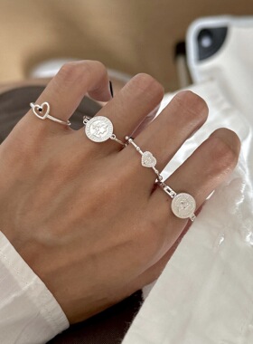 小众设计感人像戒指女时尚链条字母开口指环百搭叠戴气质食指戒潮