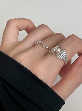 甜酷蚌壳含珠戒指女优雅气质温柔波浪S925镀银开口指环食指戒潮