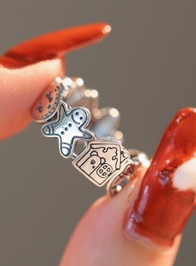 姜饼人戒指女复古做旧个性卡通涂鸦小熊S925银开口指环ins食指戒