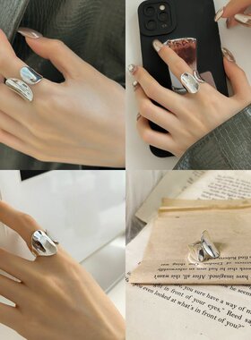 宽边不规则戒指女几何光面凹凸S925银开口指环个性百搭ins食指戒