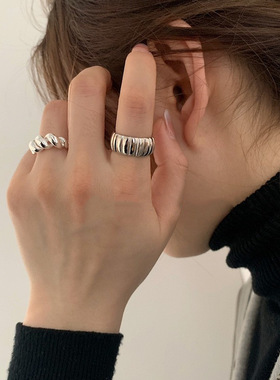 几何齿轮戒指女时尚韩版S925镀银牛角包开口指环ins嘻哈食指戒潮