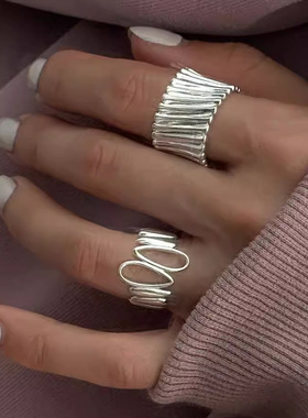 镂空水滴不规则戒指女几何竖纹个性S925镀银开口指环网红食指戒潮