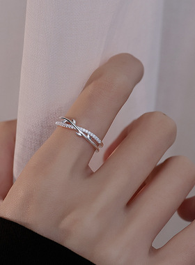 素圈树叶树枝缠绕戒指女简约时尚百搭叠戴气质开口指环小众食指戒