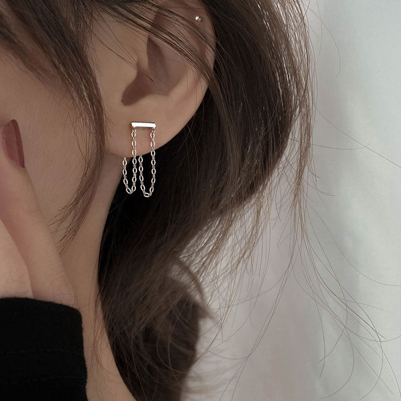 韩版S925银针气质后挂流苏耳钉女复古简约优雅双层耳环ins耳饰潮