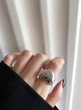 韩版S925镀银夸张心型戒指女复古时尚个性爱心字母love开口食指环