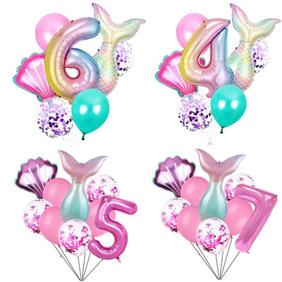 美人鱼主题生日数字气球套装女孩女宝宝2345周岁装饰派对场景布置