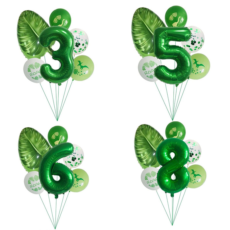 绿色深林系主题卡通恐龙气球32寸绿色数字树叶铝膜气球组合气球