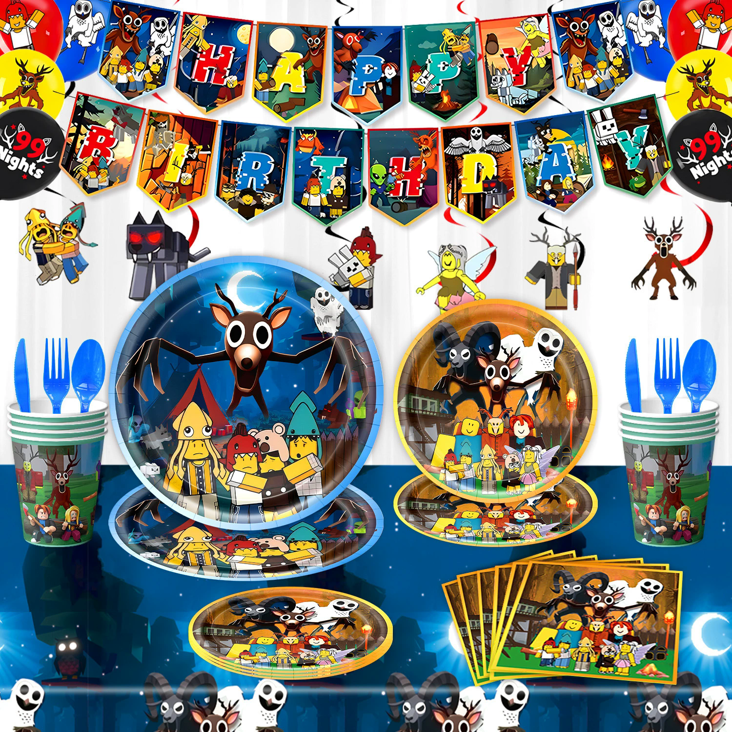 Roblox游戏99Nights in The Forest主题派对用品拉旗气球场景布置