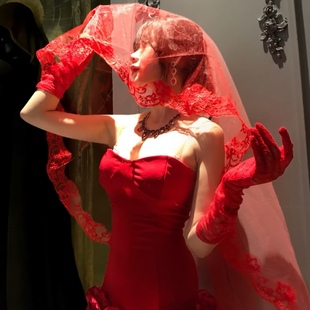 新娘结婚头纱高级感法式复古蕾丝盖头红色婚礼头饰万圣节拍照配饰