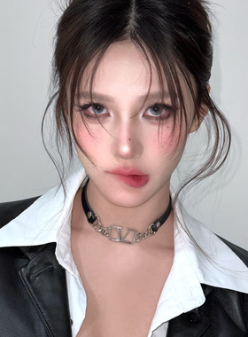 暗黑项圈冷艳风金属颈链字母拼接锁骨链皮质朋克项链酷感链条颈饰