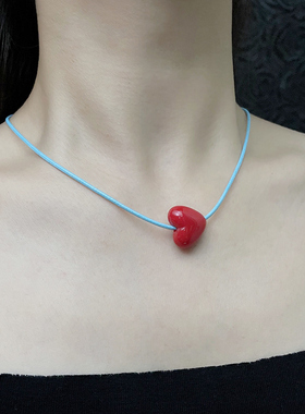 简约红色爱心吊坠撞色蓝绳可爱甜美项链韩系ins小众锁骨链小清新