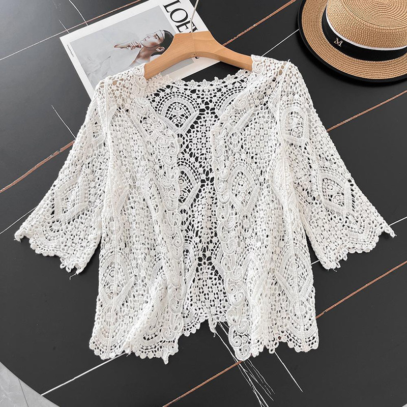 2025夏季民族风镂空针织短款开衫蕾丝薄款百搭外搭吊带裙子罩衫女