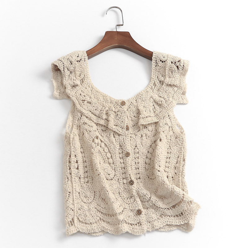 夏季法式钩花镂空背心女薄款短款荷叶边无袖马甲开衫显瘦小衫上衣