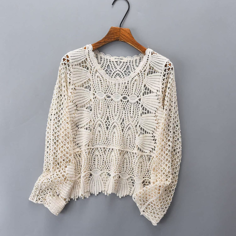 韩式减龄圆领长袖蕾丝衫防晒衫上衣女钩花镂空小众套头罩衫空调衫