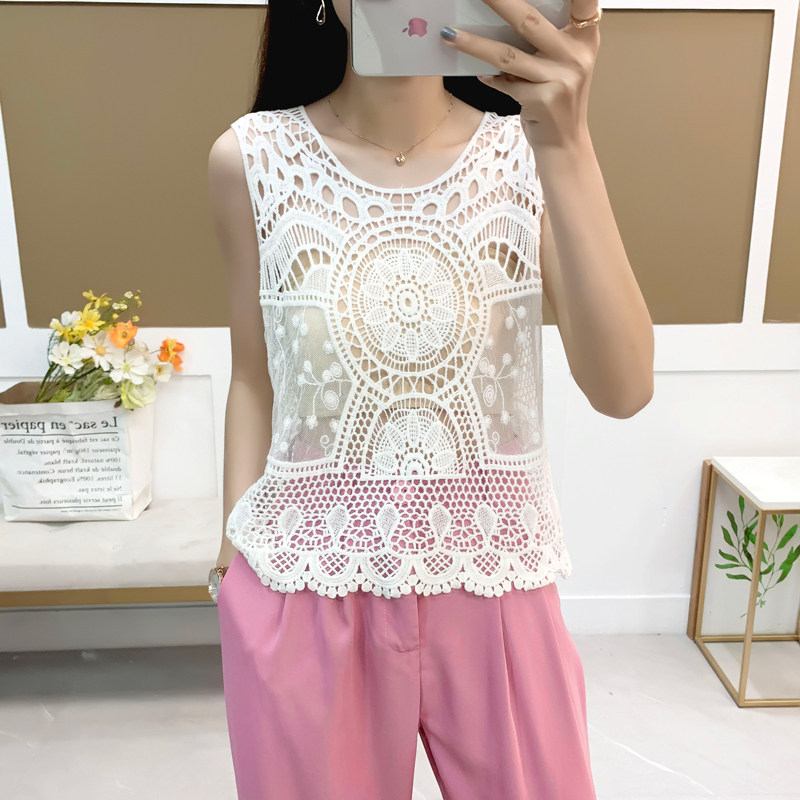 吊带上衣女士夏天外穿无袖宽松坎肩纯棉白色减龄外搭镂空小背心女