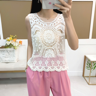 吊带上衣女士夏天外穿无袖 宽松坎肩纯棉白色减龄外搭镂空小背心女