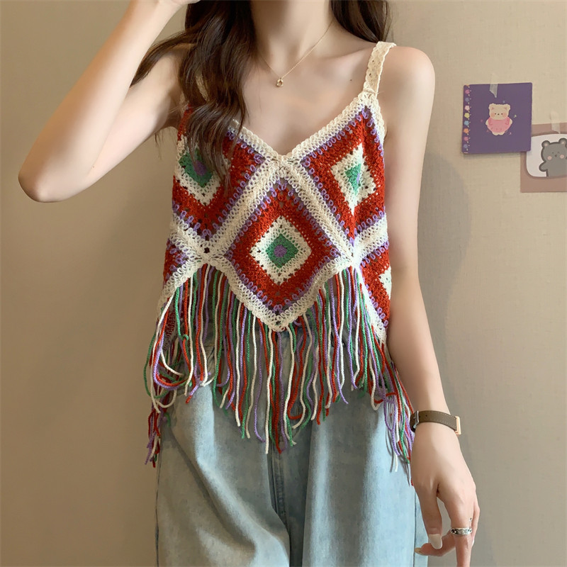 民族风吊带度假搭配波西米亚流苏小背心女镂空针织拼色短款上衣夏