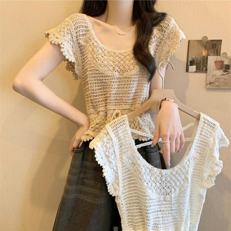 甜美系带钩花镂空冰丝针织短袖t恤女外穿夏季防晒罩衫显瘦u领上衣
